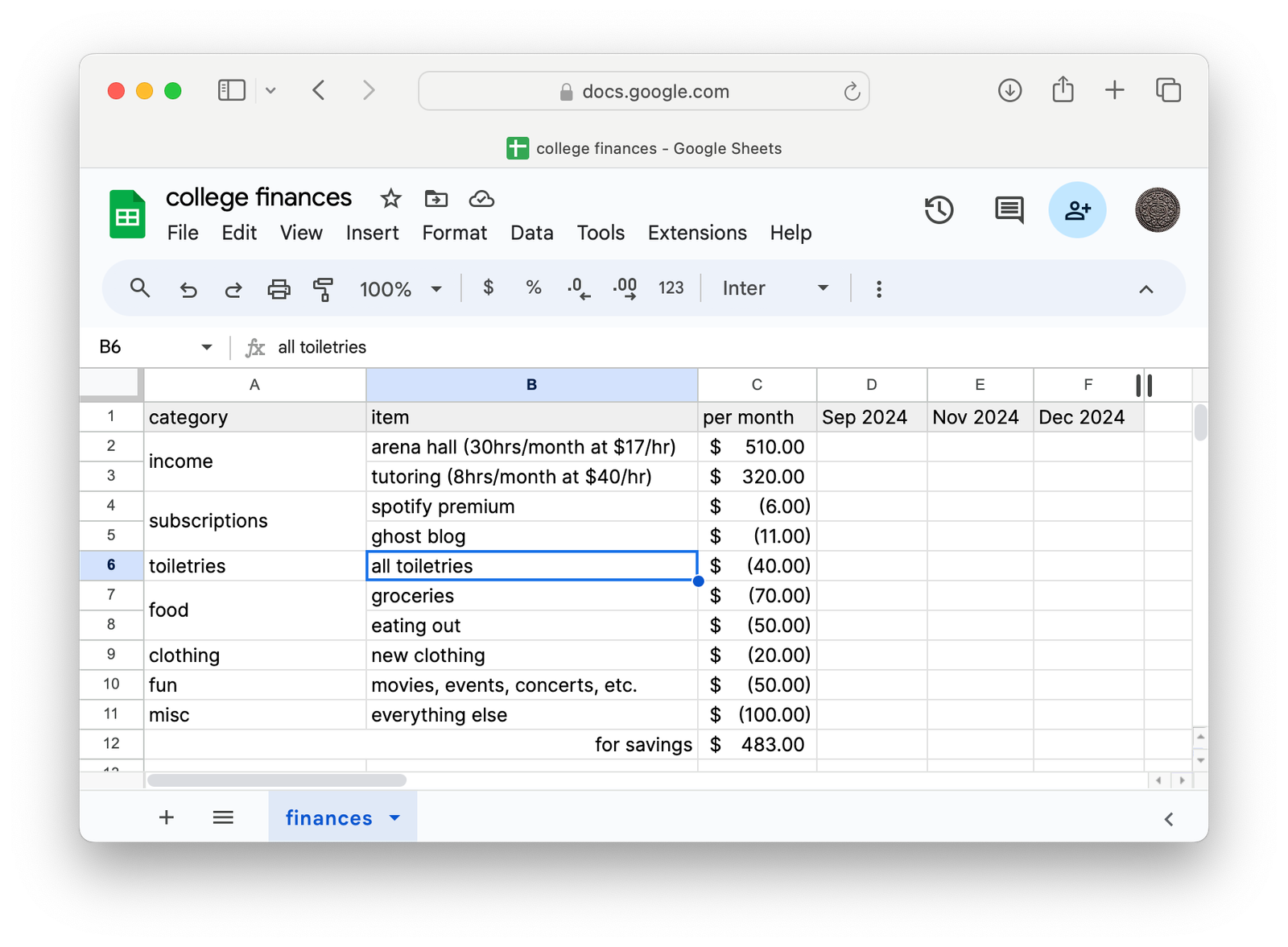 A Google Sheets spreadsheet